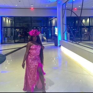 Elegant custom African Pink Strapless Gown formal maxi dress w/ Feather Accents